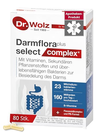 Dr. Wolz Darmflora plus select complex* - 80 Kapseln hochdosiert - 22 Milchsäurebakterien-Stämme - 160 Milliarden Bakterienkulturen pro Tag - Für Darmschleimhaut & Immunsystem* - Darm-Kur