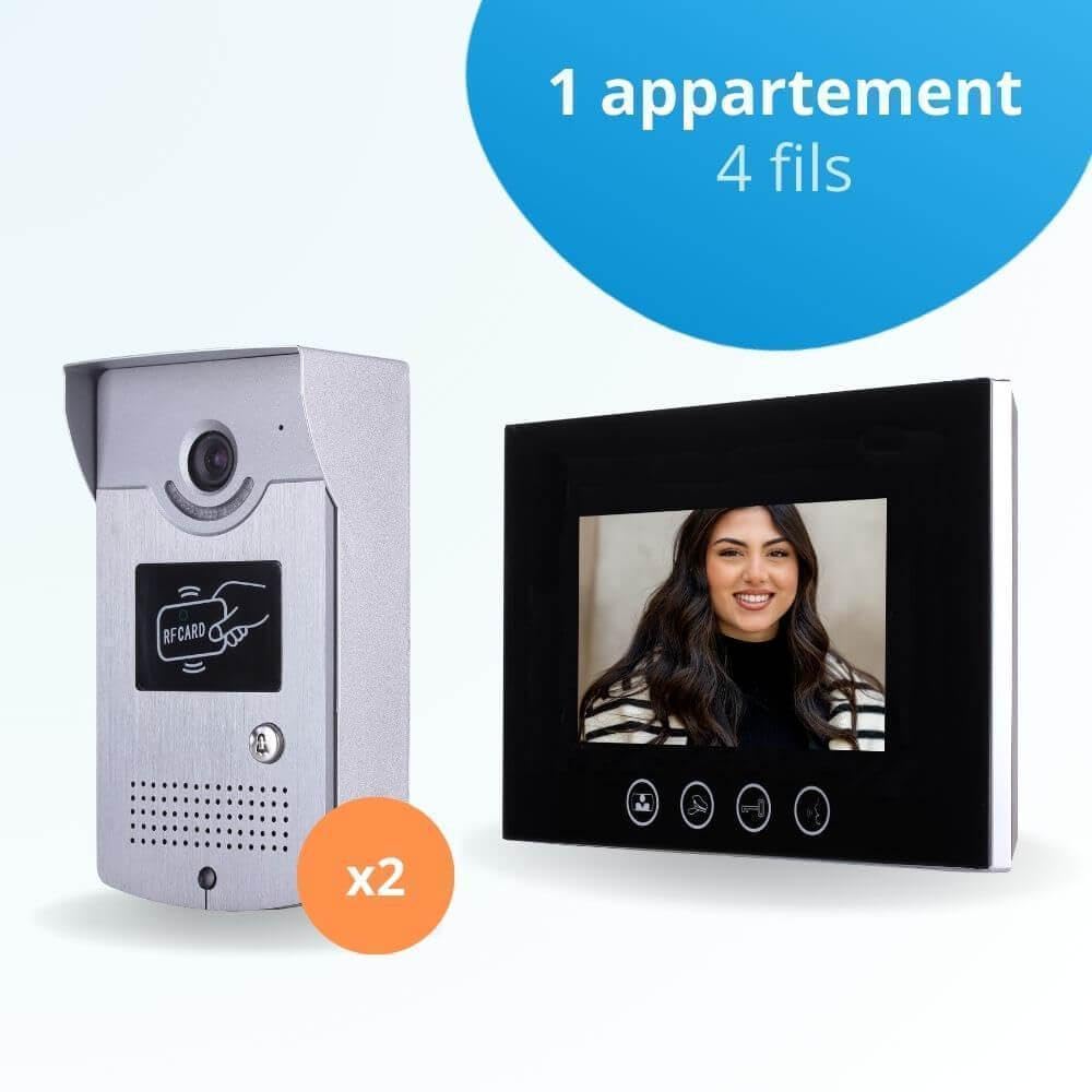Portier interphone vidéo Cards 4 Fils pour 2 entrées - 1 Appartement - 2 platines - 1 écran Noir 7" - avec mémoire Photos - avec Lecteur de Badge