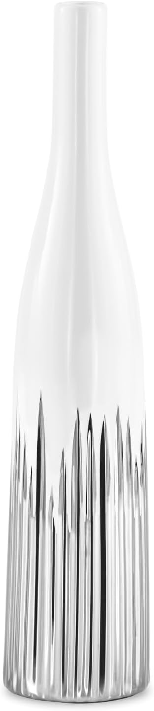 Torre & Tagus 16" White Ceramic Vase with Silver Electroplated Trim – Gloss Finish Decorative Accent for Modern & Glam Interiors (Flare)