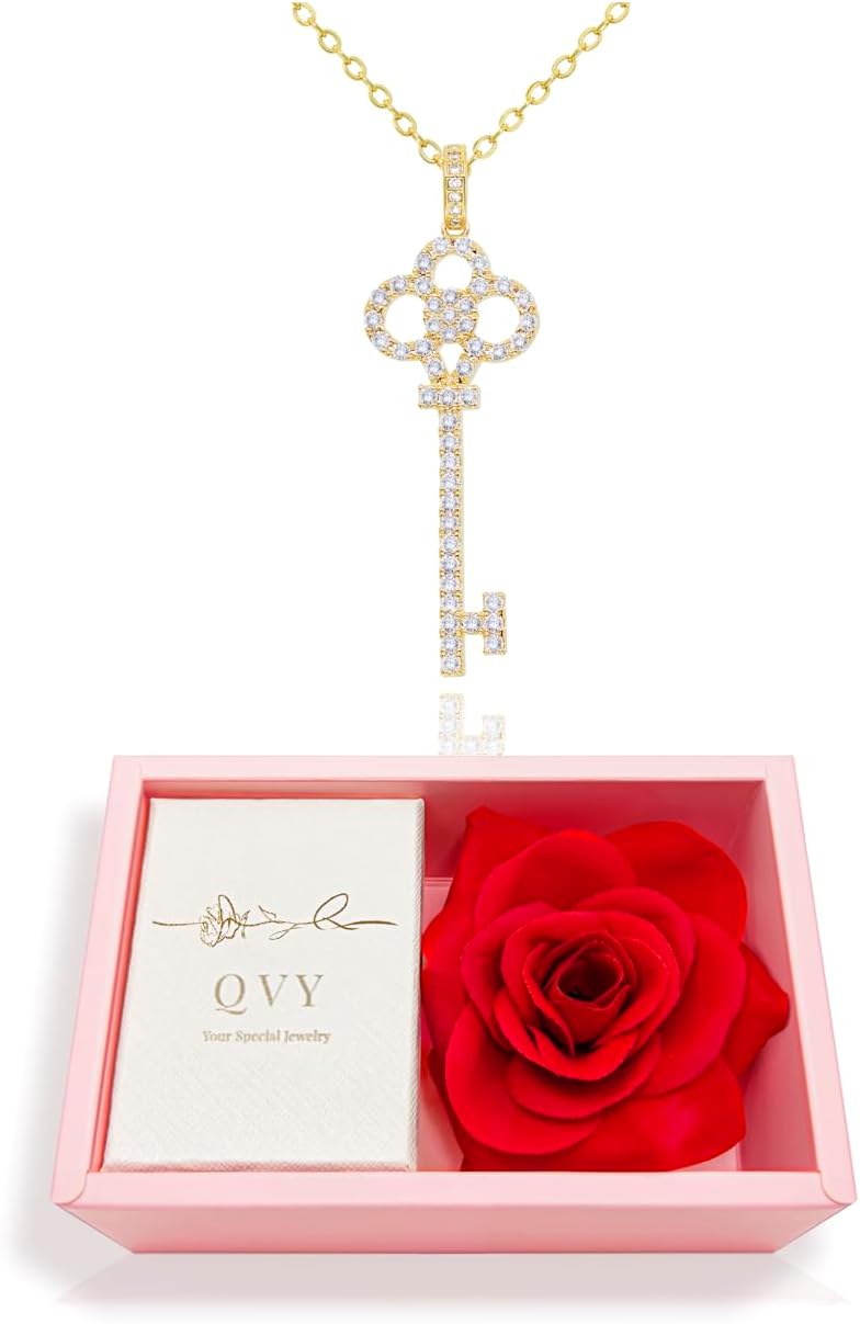 14K Gold Plated Key Necklace for Women • CZ Cubic Zirconia Key Pendant Layering Necklaces • Non-Tarnish Sparkly Jewelry Gifts for Her Mom [KN-CZ]