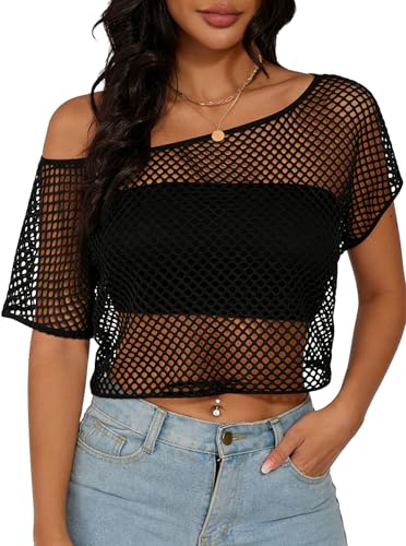 LilyCoco Women Mesh Fishnet Top Cover Up Short Sleeve Off The Shoulder Crop Tops Black Small