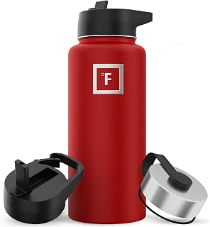 IRON °FLASK Camping & Hiking Hydration Flask with Straw, Wide Mouth Insulated Stainless Steel Sports Water Bottle - 32 oz Fire Red