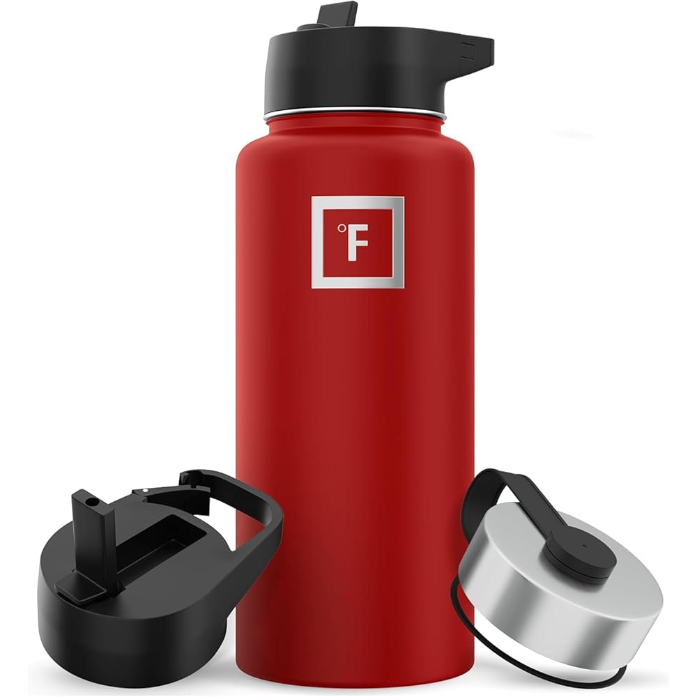 IRON FLASK Camping & Hiking Hydration Flask with Straw, Wide Mouth Insulated Stainless Steel Sports Water Bottle - 32 oz Fire Red