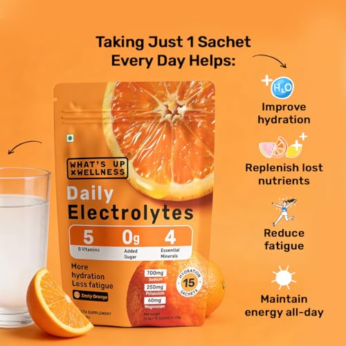Image of What's Up Wellness Daily Electrolytes Powder - Zesty Orange Flavour | Zero Added Sugar | Instant Hydration - Sodium, Potassium, Magnesium & Zinc | Vegan - 90 Sachets | Pack of 6