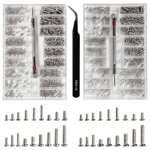 Lyeteung M1.2/M1.4/M2 Kit de Vis de Réparation Minuscule, Micro Visserie, Micro Vis de Réparation, avec Tournevis et Pince à Épiler, pour Lunettes, Ordinateur, Montres, Argent, Noir
