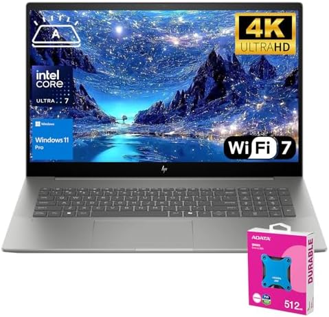 HP Envy 17.3" 4K Ultra 7 Business Laptop, 17.3" 4K UHD 3840 * 2160 Display, Intel Core Ultra 7 155H, 64GB DDR5 RAM, 2TB SSD, HDMI, Webcam, Backlit KB, Wi-Fi 7, W11P, Adata 512 External SSD Bundle