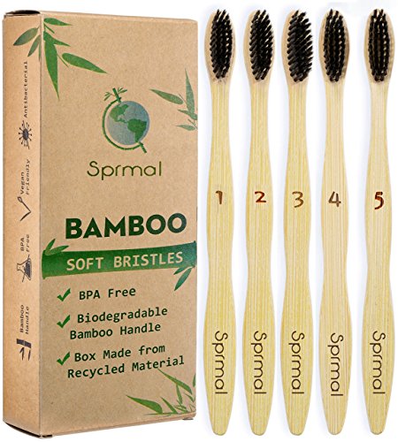 Sprmal Eco-Friendly Natural Bamboo Charcoal Toothbrush-Pack of 5,Individually Numbered,Zero Plastic Packaging,Biodegradable Organic Bamboo Handle and BPA Free Soft Nylon Bristles for Sensitive Gums