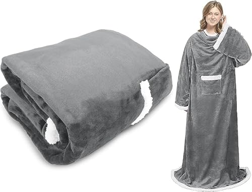 mebiusyhc Sherpa Wearable Blanket with Sleeves Arms, Super Soft Warm Comfy Large Fleece Plush Sleeved TV Throws Wrap Robe Blanket for Adult Women and Men (grey, 55 x 72 )