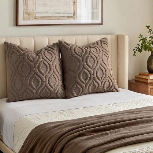 Image of decorUhome Fall Throw Pillow Covers 20x20 Inch Set of 2, Soft Plush Faux Wool Brown Solid Couch Pillow Covers, Accent Farmhouse Neutral Square Pillow Cases for Sofa Bed Living Room