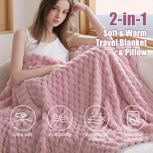 flintronic Reisedecke Kissen 2 in 1, 170 x 130 cm Weiche Flugzeugdecke, Flugzeugdecke, Ultraleichte Reisedecke für Urlaub, Büro, Zuhause, Geschäftsreisen (Rosa)