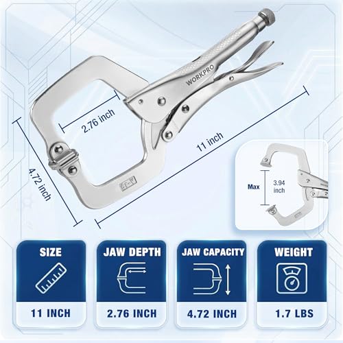 Image of WORKPRO 11 inch Locking C-Clamp with Swivel Pads, Heavy Duty Adjustable Vise Grip Pliers, Welding Clamp for Woodworking, Metalworking, Auto Repair and Home Workshop