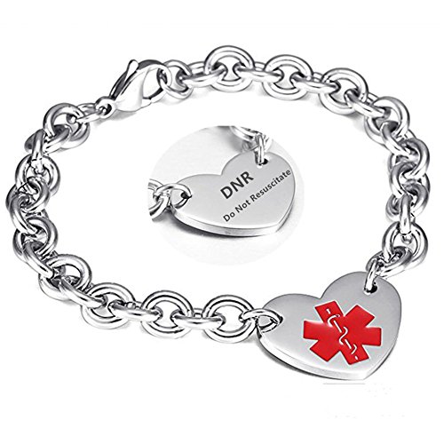 Lf 316L Stainless Steel Dnr Engraved Medical Alert Heart Charm Link Bracelet Rolo Chain Medic Id Bracelets Monitoring Awareness For Womens For Outdoor Emergency,Do Not Resuscitate #TOP5