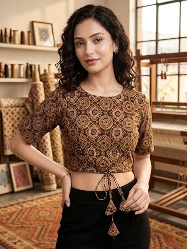 Image of Yash Gallery Women's Cotton Printed Blouse Round Neck Half Sleeve Crop Top Mandala Geometric Print Front Dori with Tassels Side Bobbin Elastic Stretch Fit Ethnic & Casual Wear