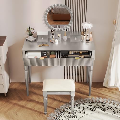Image of JIVOIT Vanity Desk with Round Mirror, Height-Adjustable, Luxury Vanity Set with Stool, Comfortable Seating, Stylish Dressing Table Set with 4 Drawers & Spacious Tabletop (Silver /268)