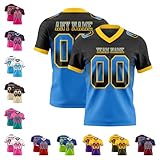 Black and Electric Blue Flag Football Jerseys Custom, Design Team Players Practice Rugby Shirts for Men Women Youth, Personalized Gradient Style Short Sleeve Volleyball Uniforms Top with Yellow V-Neck