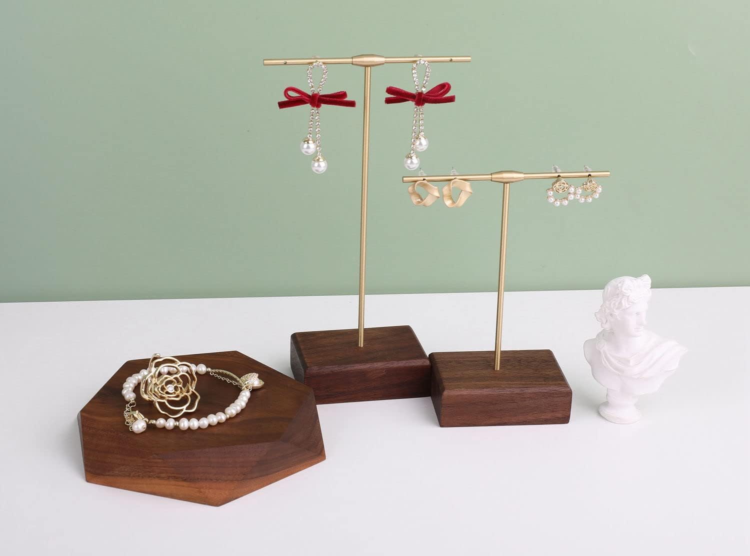 GemeShou 5pcs Wood Jewelry Tray Hexagon Display Riser Stand Set, Retail Jewelry Shop Display Riser【Walnut Hexagon 5pcs Large】