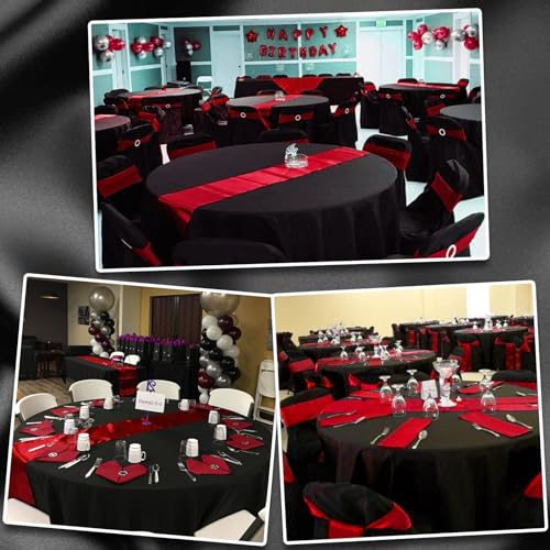 Image of 12Pack 12x108 Inch Satin Table Runner and 84 Inch Round Plastic Tablecloths Set Black and Red Disposable Round Table Cover for Graduation Wedding Bridal Shower Anniversary Birthday Party Decorations