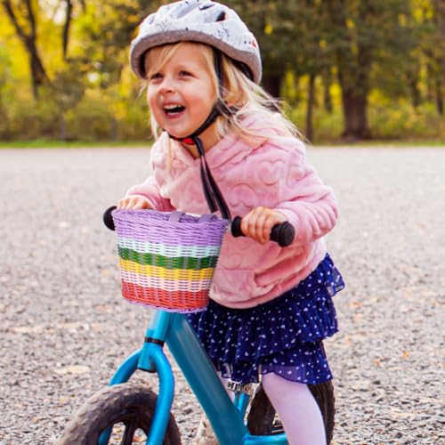 Flintronic Fahrradkorb für Kinder und Mädchen - Geflochten, Vorne Montierbar, Abnehmbar aus Rattan Mit Lederriemen (Mehrfarbig)