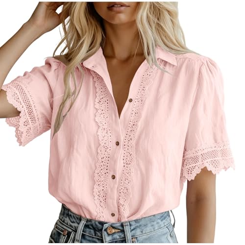 UHBYGV Women's V Neck Button Down Shirt Short Sleeve Dressy Chic Blouse Top Summer Fashion Lace Patchwork Tshirts