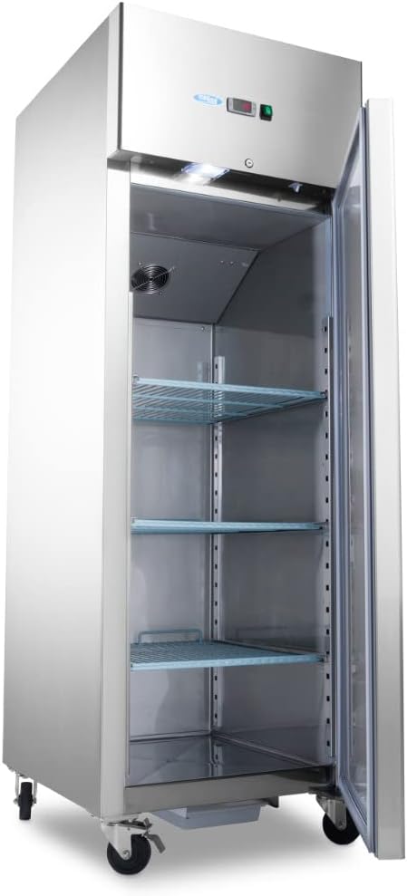 Maxima 600L Commercial Freezer with door open, showing interior and shelves