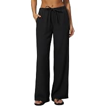 QINSEN Womens Wrinkle-Free Wide Leg Palazzo Pants High Rise Flowy Drape Drawstring Elastic Waist Trousers with Pockets