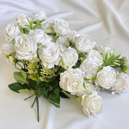 Image of Garden Art Artificial Small Rose Flower Bunch (Pack of 1) | 5 Heads with 15 Flowers & Buds, 35 cm Faux Rose Bouquet for Home Decor, Wedding & Table Decoration (White)