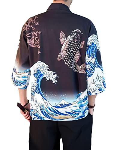 Image of PRIJOUHE Men's Lightweight Kimono Jacket Seven Sleeve Open Front Cardigan Coat Japanese Style Bathrobe