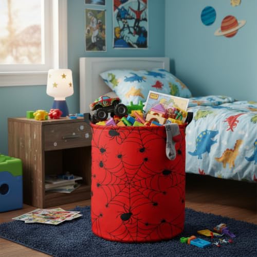 Image of Baby Laundry Hamper Basket Baby Hamper for Nursery Boy and Girl Cute Storage Bin Organizer Boho Room Decor(Red Spider Webs)