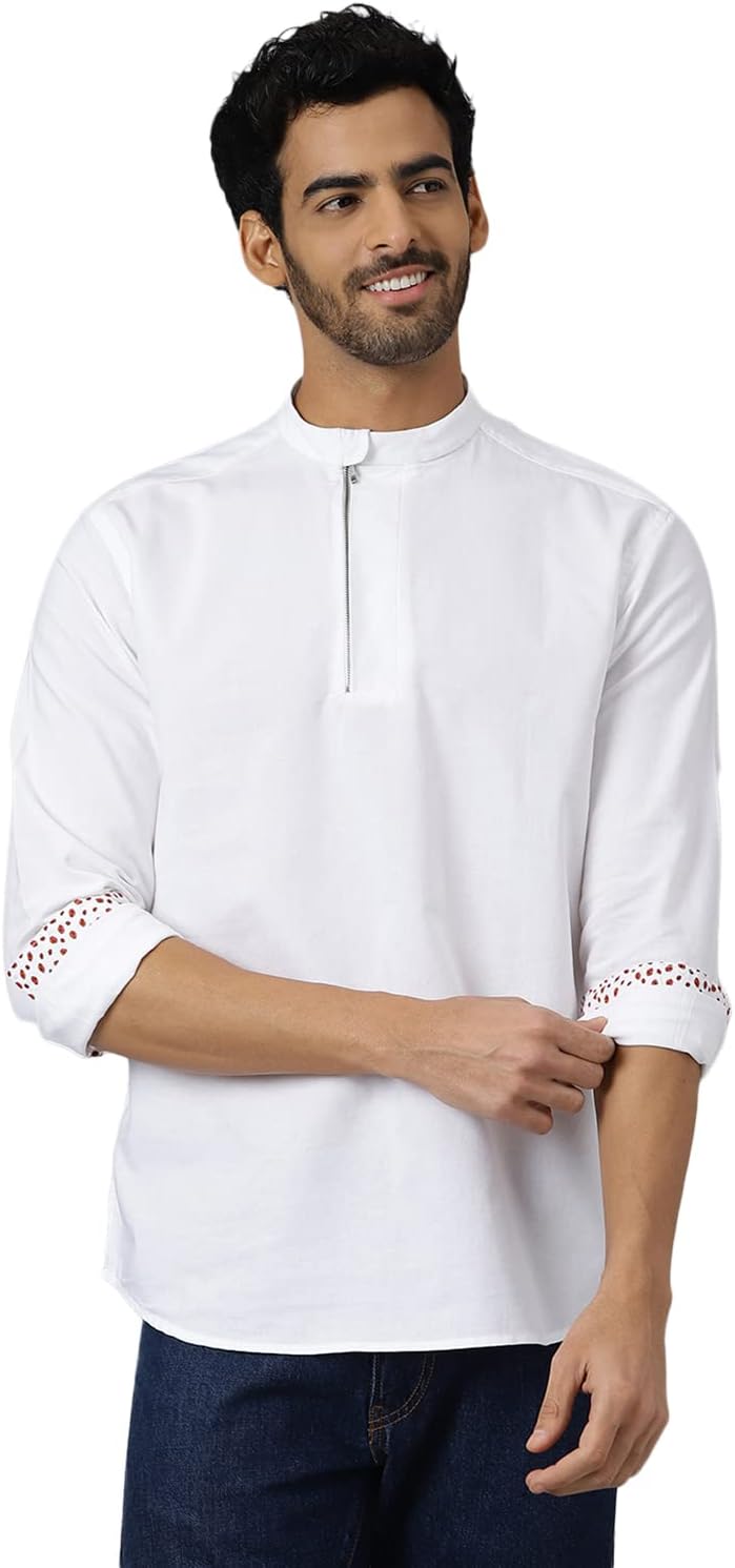 KINGDOM OF WHITE Zipping Full Sleeve Zipper Detail White Kurta Shirt | 100% Cotton, Mandarin Collar, Regular Fit Shirt for Men