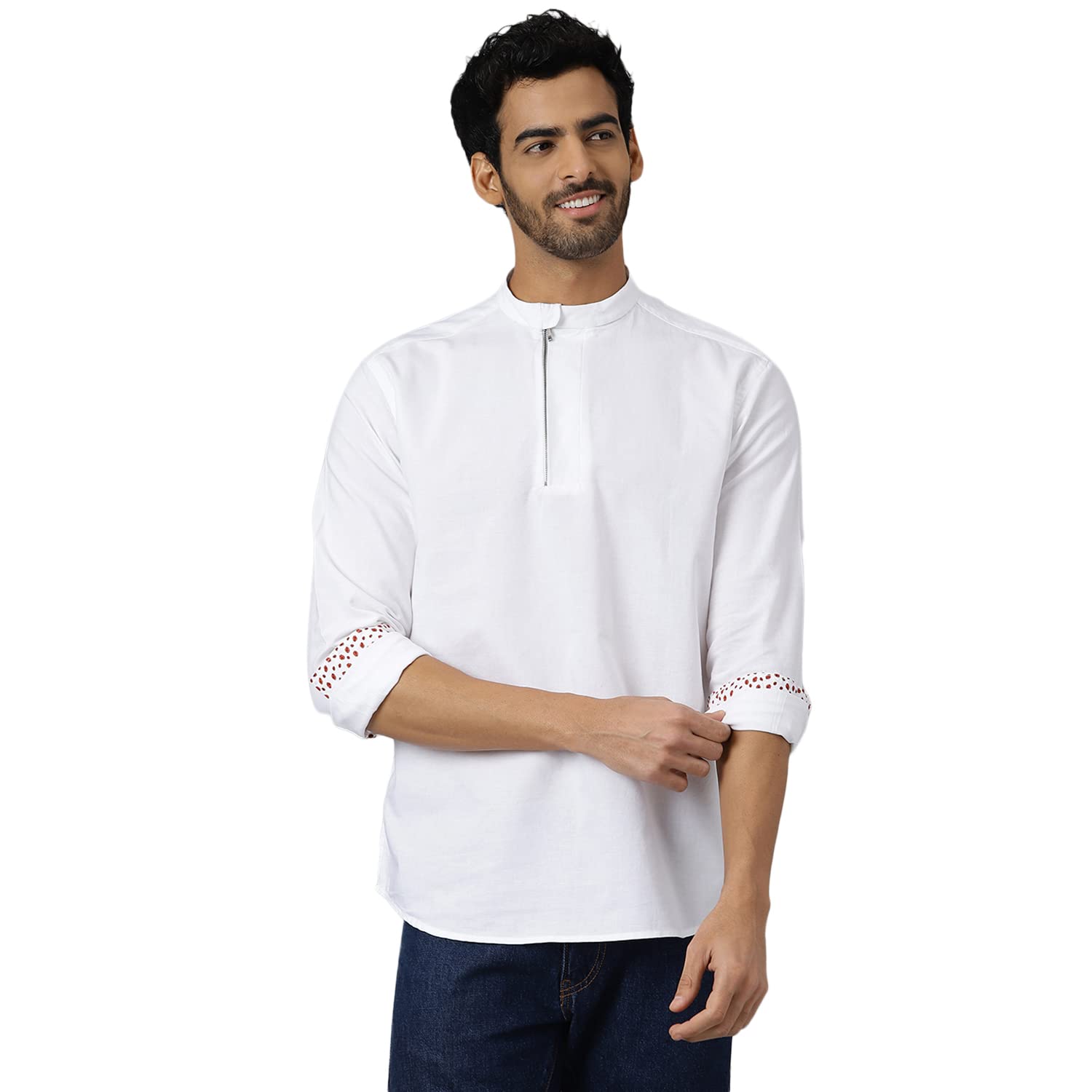 KINGDOM OF WHITE Zipping Full Sleeve Zipper Detail White Kurta Shirt | 100% Cotton, Mandarin Collar, Regular Fit Shirt for Men