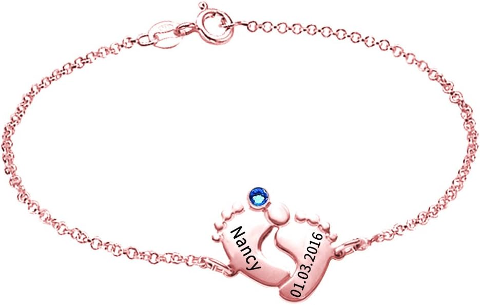 925 Sterling Silver Personalized Baby Feet Bracelet with Birthstone Custom Made with Any Names