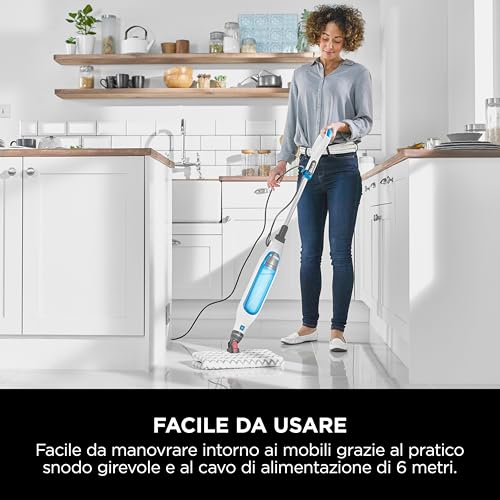 Shark Klik N 'Flip Steam Mop, Scopa A Vapore Manuale, Cavo 6 M, Per Pavimenti Duri, 2 Panni Lavabili, Serbatoio Capacità Di 375 Ml, Riscaldamento In 30 Secondi, Bianco/Blu, S6001EU - 6