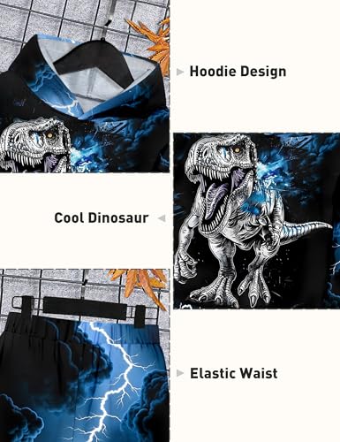 Image of Boys Clothes, T-Rex Print Dinosaur Boy Clothes Fall Winter Outfits Long-sleeved Hooded Sweatshirt Pants 2Pcs Set