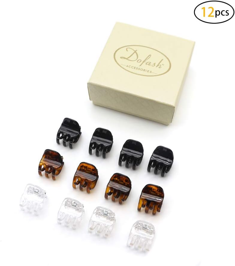 Dofash Small Mini Hair Claw Clips Plastic 12pcs 1.8Cm Hair Accessories With Gift Box For Girls (Black + Tortoise +Clear)