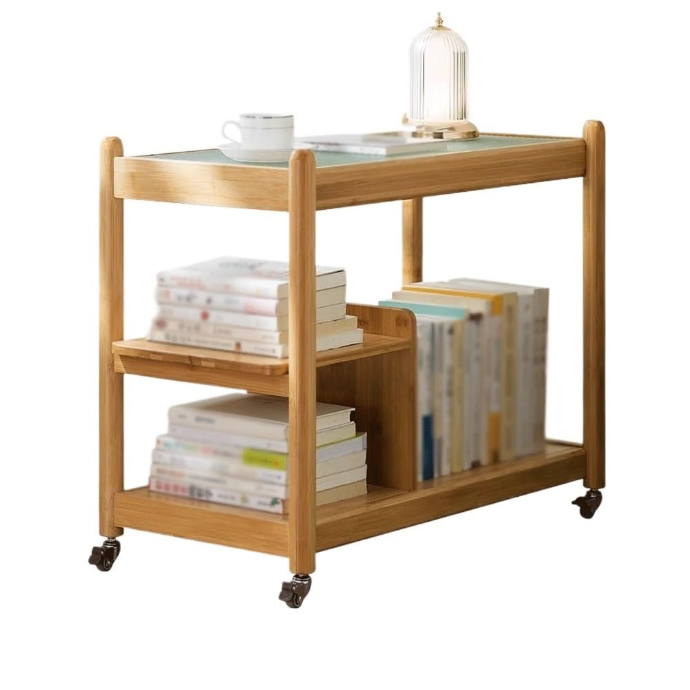 Libreria Portatile Carrello portaoggetti for libreria con Ruote universali, ripiano in bambù con lastra di Vetro, for Studio Domestico o espositore Mobile for Ufficio Scaffale di stoccaggio
