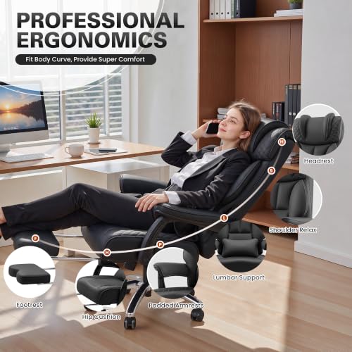 Image of BestGlory Office Desk Chair, Big and Tall Leather Gaming Chair with Footrest, Ergonomic Comfy Executive High-Back Reclining Computer Chairs, Wide Swivel Rolling Wheels and Padded Lumbar Support, Black