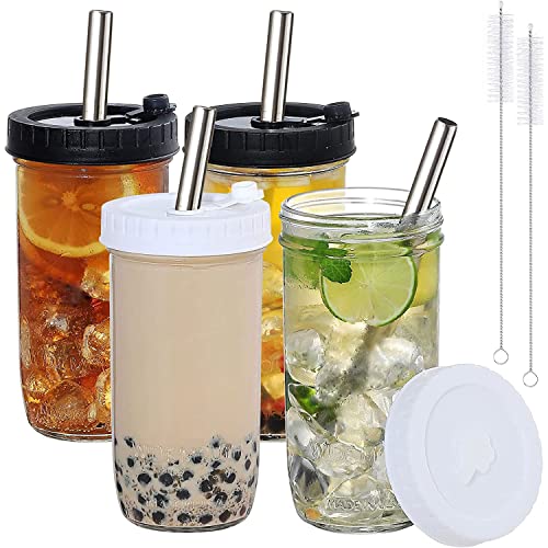 4 Pack Glass Bubble Tea Cups - 24Oz Mason Jar With Lid And Straw, Clean Brush, Reusable Wide Mouth Glass Smoothie Cups, Boba Cup, Iced Coffee Cup, Travel Glass Drinking Bottle Mason Jar #TOP26