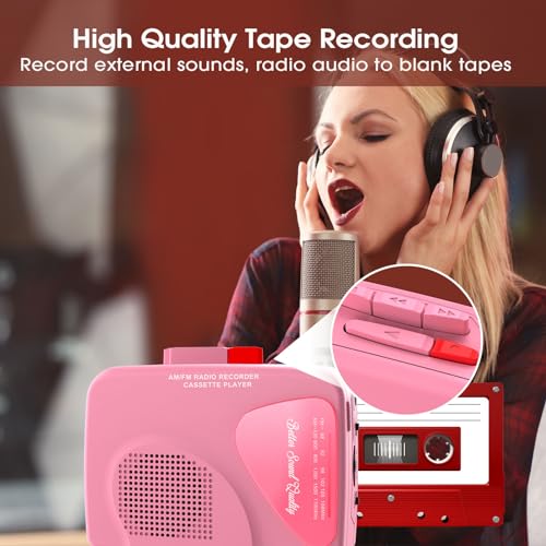 Cassette Player Tape Recorders AM/FM Radio, Portable Tape Player Records Built in Speakers Manual Record - 2AA Battery Or DC 5V Supply with 3.5MM Earphone- Pink - Image 5