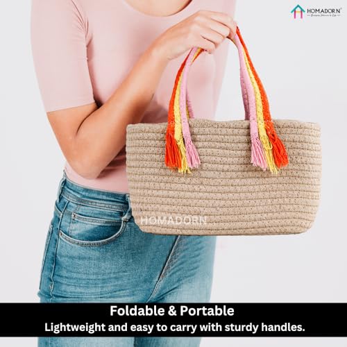 Image of HOMADORN Cotton Storage Basket with Sturdy Handles - Foldable, Durable, and Stylish Organizer for Toys, Clothes,Gifting and Home Essentials (BEIGE)