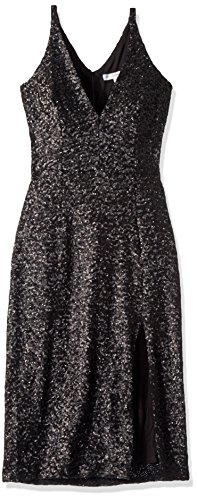 Dress the Population Women's Camilla Plunging Sequin Sleeveless Bodycon MIDI Sheath Dress, Matte Black, S