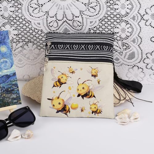 Playful Bees Print Adjustable Shoulder Strap Crossbody Bag Adorable Yellow & Black Striped Bumblebees Messenger Bag Christmas & Birthday Present for Sister​​ Teen Bee Lovers Gift3