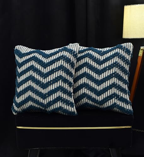 Image of TIB Premium Boho Decorative Throw Cushion Covers, 16 x 16 cm, Set of 2, Cotton. (Zig Zag Navy Blue)-230 TC