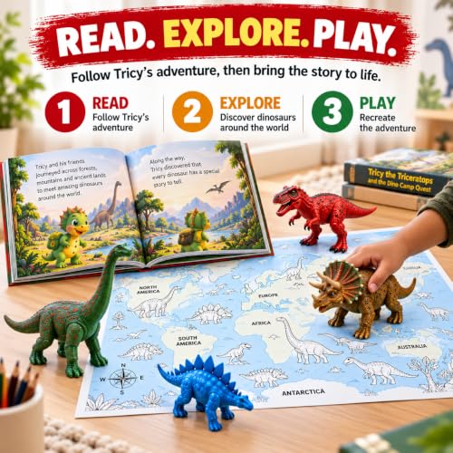 Tricy's Dino Quest Dinosaur Toys for Kids Ages 3-5 – 9 Large Realistic Dinosaur Figures with Story-led adventure & Dinosaur World Map, Educational Learning & Imaginative Dino Set for Boys and Girls by Well Alley - Used condition - Image 4