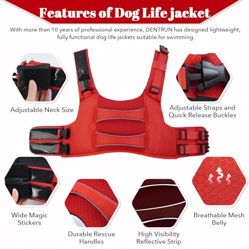 DENTRUN High Visibility Dog Life Jacket, Dog Life Vest for Swimming Boating Puppy Life Preserver Floatation Safety Pool Lake Reflective Float Coat Wetsuit & Rescue Handle for Small Dog, Red DENTRUN High Visibility Dog Life Jacket, Dog Life Vest for Swimming Boating Puppy Life Preserver Floatation Safety Pool Lake Reflective Float Coat Wetsuit & Rescue Handle for Small Dog, Red