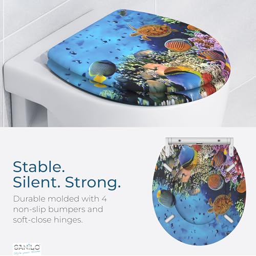 Image of Sanilo Wooden Toilet Seat with Quick Release & Soft Close [ROUND] - Decorative & Slow Close Molded Wood Seat - With One Click for Easy Installation & Cleaning - With Adjustable Fit (Ocean)