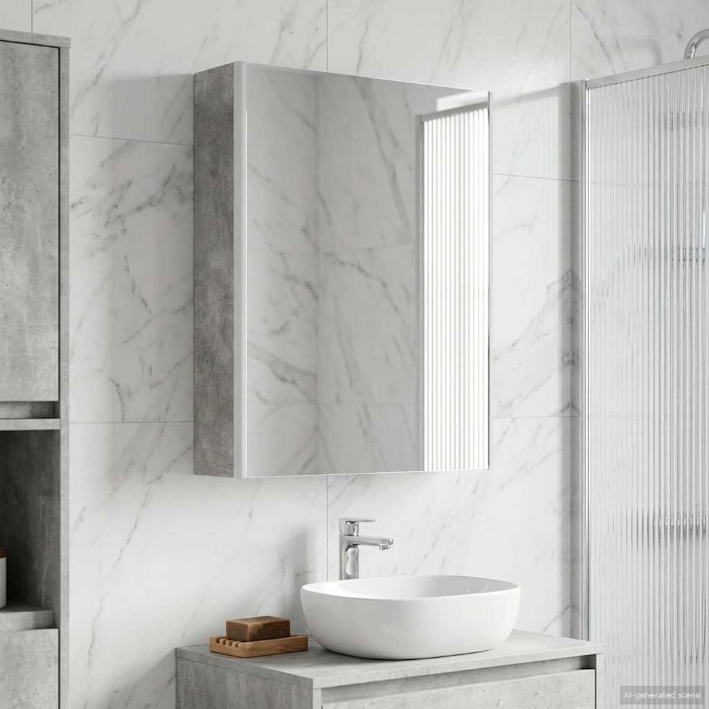 Szafka łazienkowa z lustrem betonowym, szara, 53,5 x 15,5 x 70 cm, materiał drewnopochodny z oświetleniem LED, montaż na ścianie, schowek, regał, regulowane półki do łazienki, toalety dla