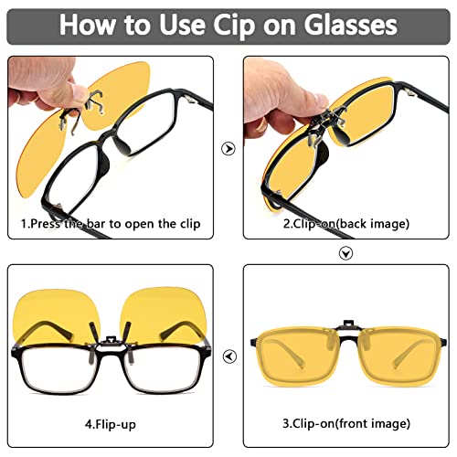 Image of CAXMAN Clip on Sunglasses and Clip on Night Driving Glasses over Prescription Eyeglasses Flip up for Men Women Anti Glare HD Polarized for Night Vision, Grey & Yellow Lens Extra Large 60*47mm 2 Pack