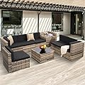 KROFEM 8 Pieces Outdoor Wicker Rattan Patio Furniture Sectional Set, Glass Top Table with Hidden Storage, 7 Sofa Sections, Oversized Cushions, Natural Color Rattan with Black Cushion