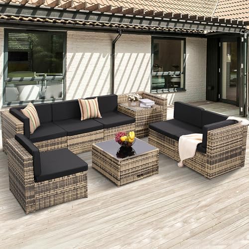 8-Piece Patio Furniture Set, Outdoor Wicker Rattan Sectional with Thick Cushions, Glass Top Table with Hidden Storage, Outdoor Conversation Set for Backyard, Porch, Patio, Black 8-Piece Patio Furniture Set, Outdoor Wicker Rattan Sectional with Thick Cushions, Glass Top Table with Hidden Storage, Outdoor Conversation Set for Backyard, Porch, Patio, Black