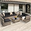 KROFEM 8-Piece Patio Furniture Set, Outdoor Wicker Rattan Sectional with Thick Cushions, Glass Top Table with Hidden Storage, Outdoor Conversation Set for Backyard, Porch, Patio, Black